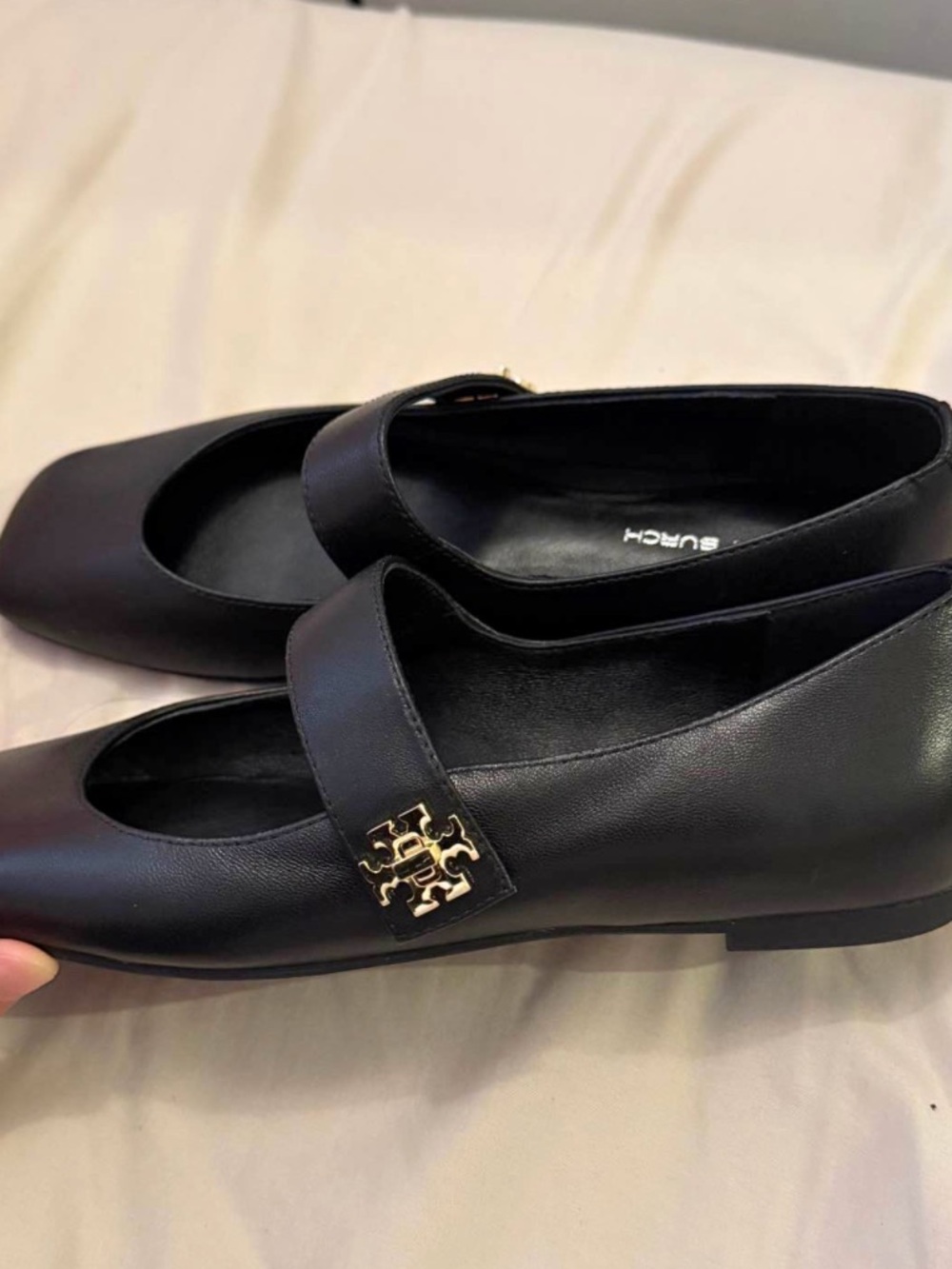 Tory Burch Black Leather Mary Jane Flats with Gold Logo